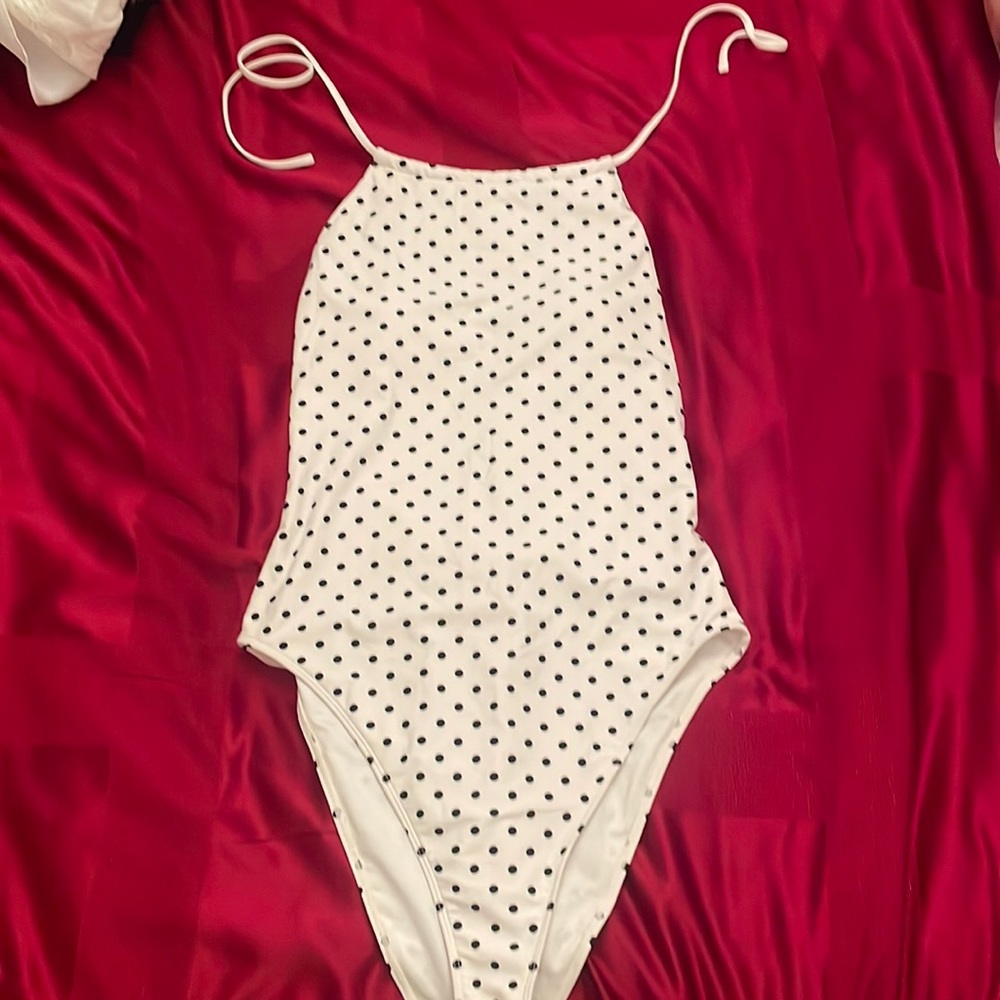Black and white polkadot Long leg, one piece bathing suit